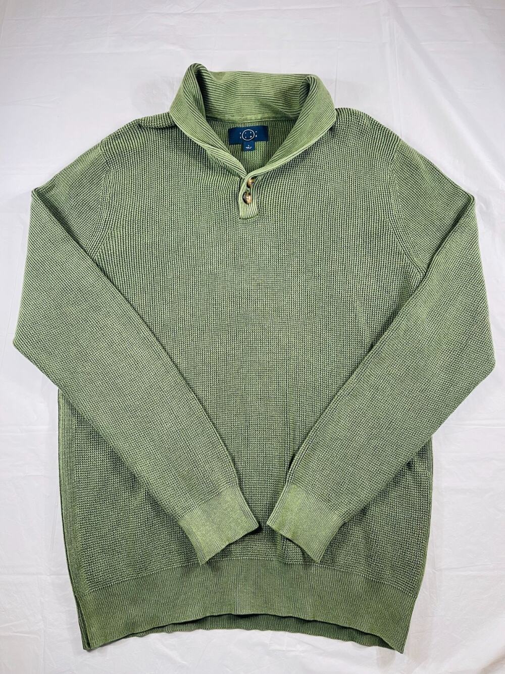 Even Tide Mens Large Green Shawl Collar Button Waffle Knit Cotton Sweater
